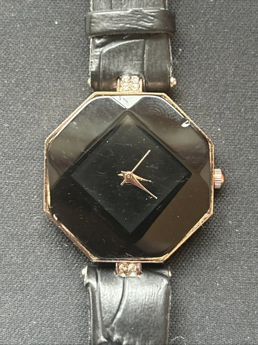 Rose Gold Tone Black Dial Bezel And Band Octagon Womens Quartz Watch